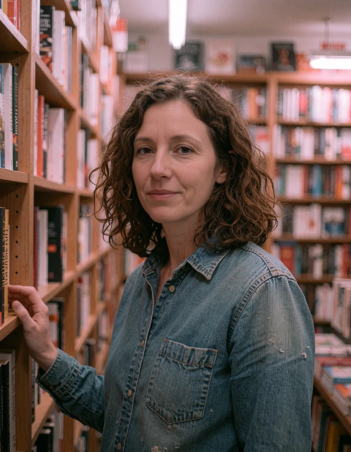 Woman in a denim shirt browsing a bookstore aisle, candid elvori profile card of verified local singles near you