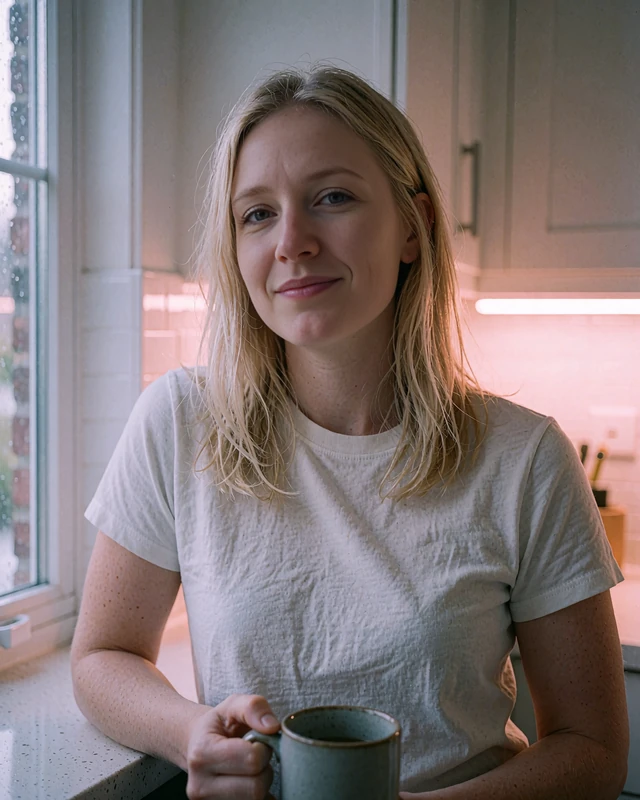 Blonde woman with a coffee mug by a kitchen window, everyday elvori member photo from local dating sites near me