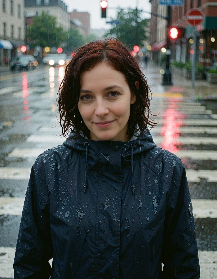 Auburn-haired woman in a navy raincoat at a rainy crosswalk, candid elvori member photo for near me dating