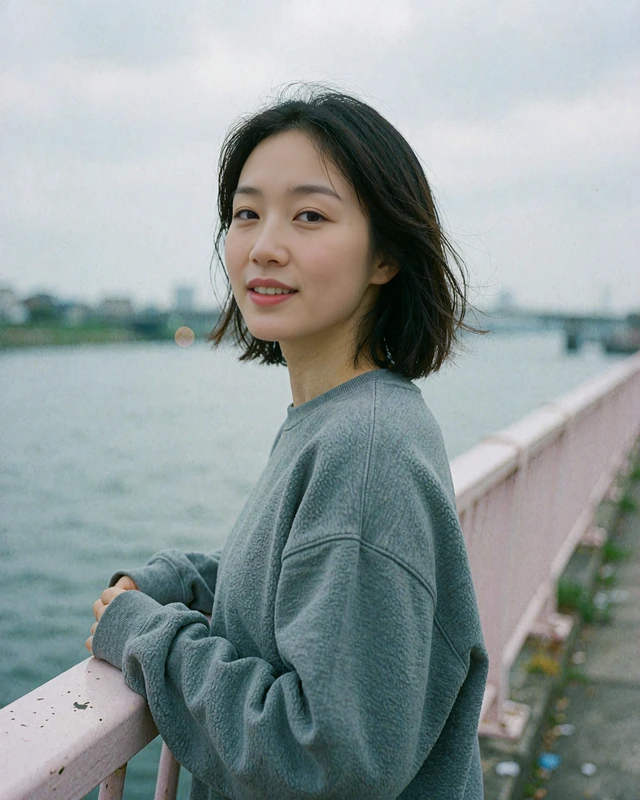 Woman with a dark bob on a riverside walkway looking back, real elvori member photo for near me dating