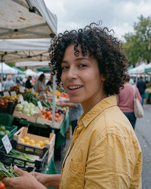 Curly-haired woman in a mustard shirt at a farmers market, candid elvori photo of singles in my area dating