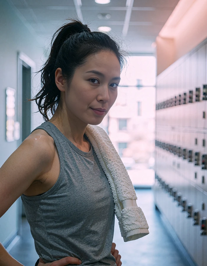 Dark-haired woman in a gym corridor with a towel, photo-verified elvori profile from local dating sites near me