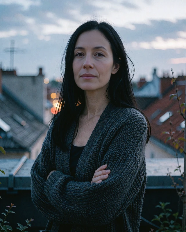 Dark-haired woman in a knit cardigan on an evening rooftop, verified elvori profile of local singles near you