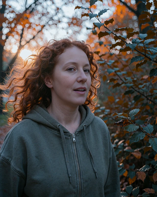 Red-haired woman walking through an autumn park, candid elvori profile photo of verified singles in your area